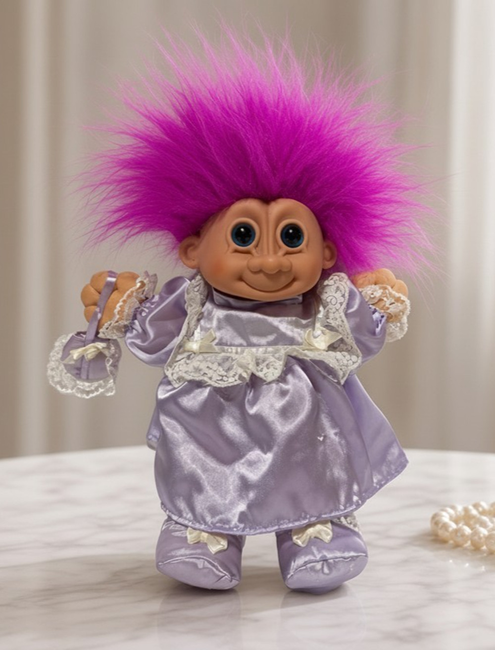 Vintage Russ Berrie 12" Troll Girl Purple Hair Satin Dress Soft Body Blue Eyes